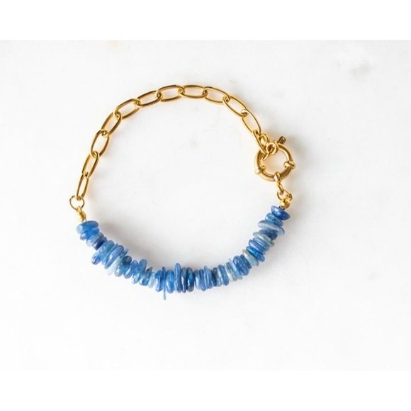 Waterproof Gemstone Bracelet Blue Kyanite Beaded Bracelet Gold Paperclip chain - Picture 1 of 4